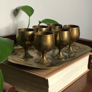 7-Piece Brass Cordial Set – Rectangular Tray & 6 Mini Goblets